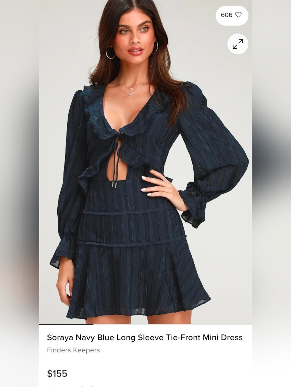 BNWT Finders Keepers Navy Tie-Front Long Sleeve Mini Dress Size Small